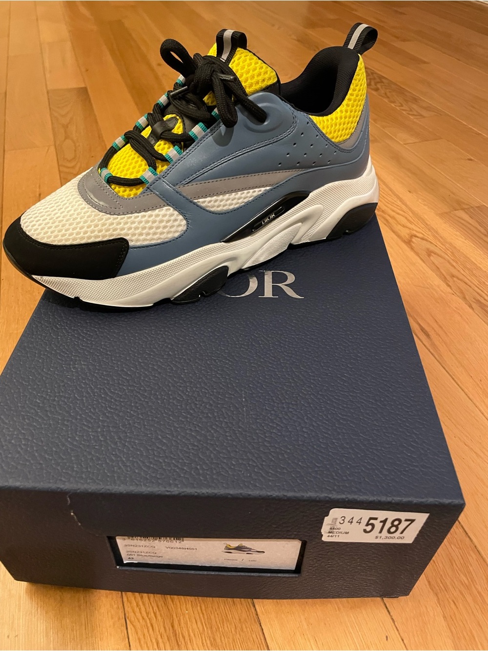 Dior Men's B-22 Yellow, Blue, White & Black Mesh Leather Sneaker